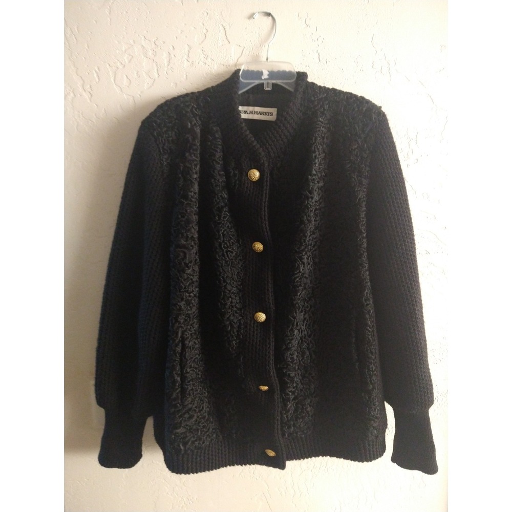 WM. H. Harris Womens Curly Black Fur Knit Button Cardigan Sweater 80's XL Coat